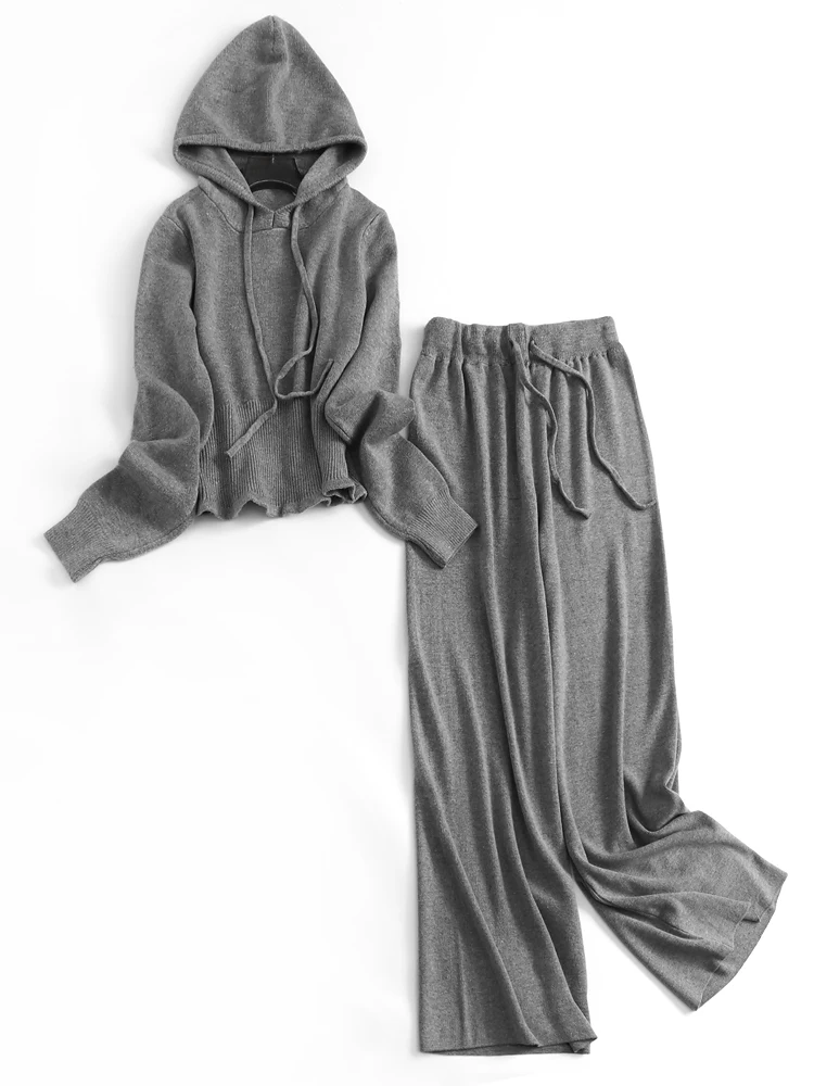 

Women's Knitted Long Sleeve Slim Fit Hoodie Sweater Set with Wide Leg Pants Two Piece Set Soft Color Short Style