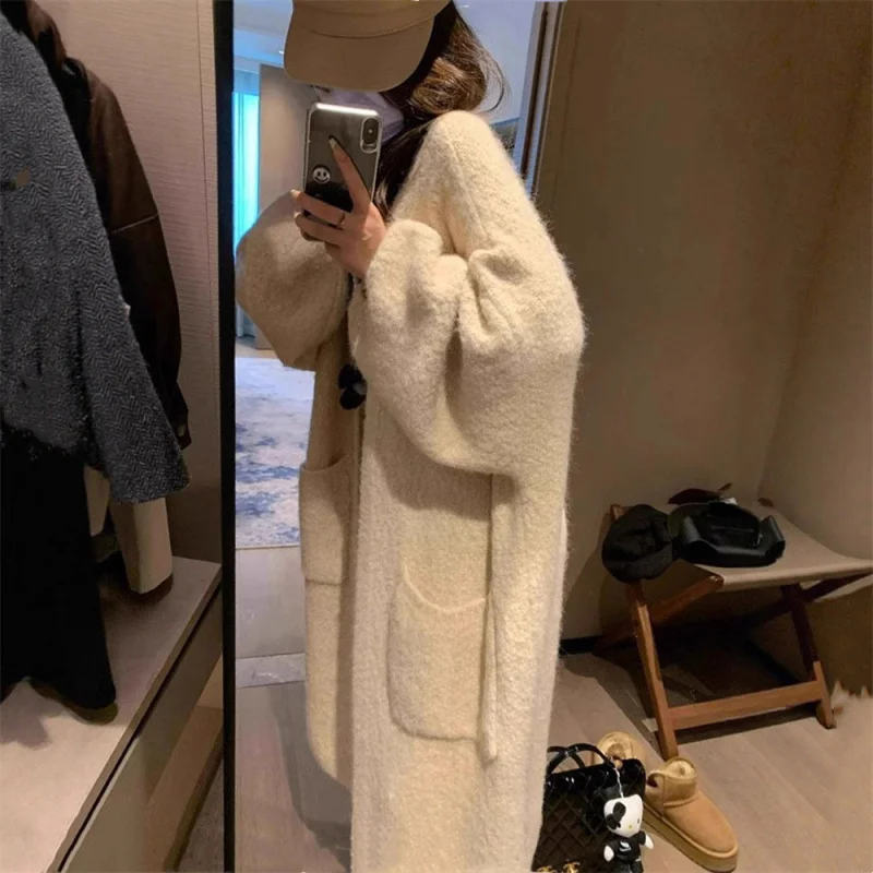 

Korean Style Soft And High-End Lazy Style Mid-Length Knitted Cardigan Women, New Loose Solid Color Sweater Coat Autumn