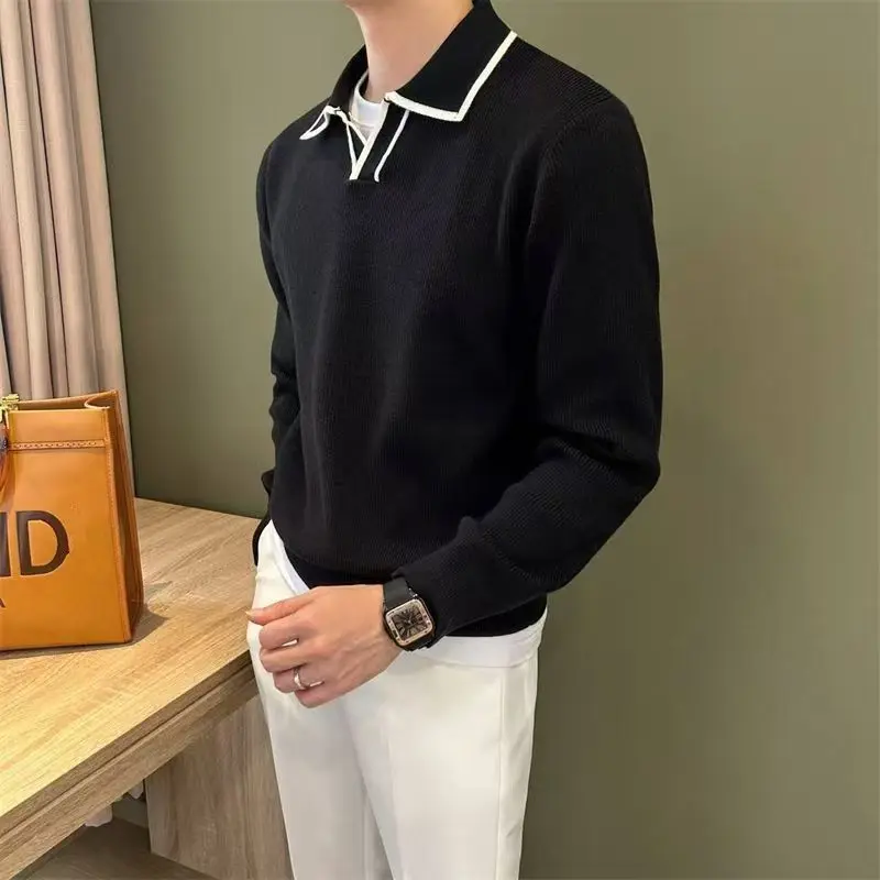 Basic Turn-down Collar Pullovers Knitted Autumn Winter Casual Solid Color Men's Clothing Stylish Spliced Young Style Sweaters