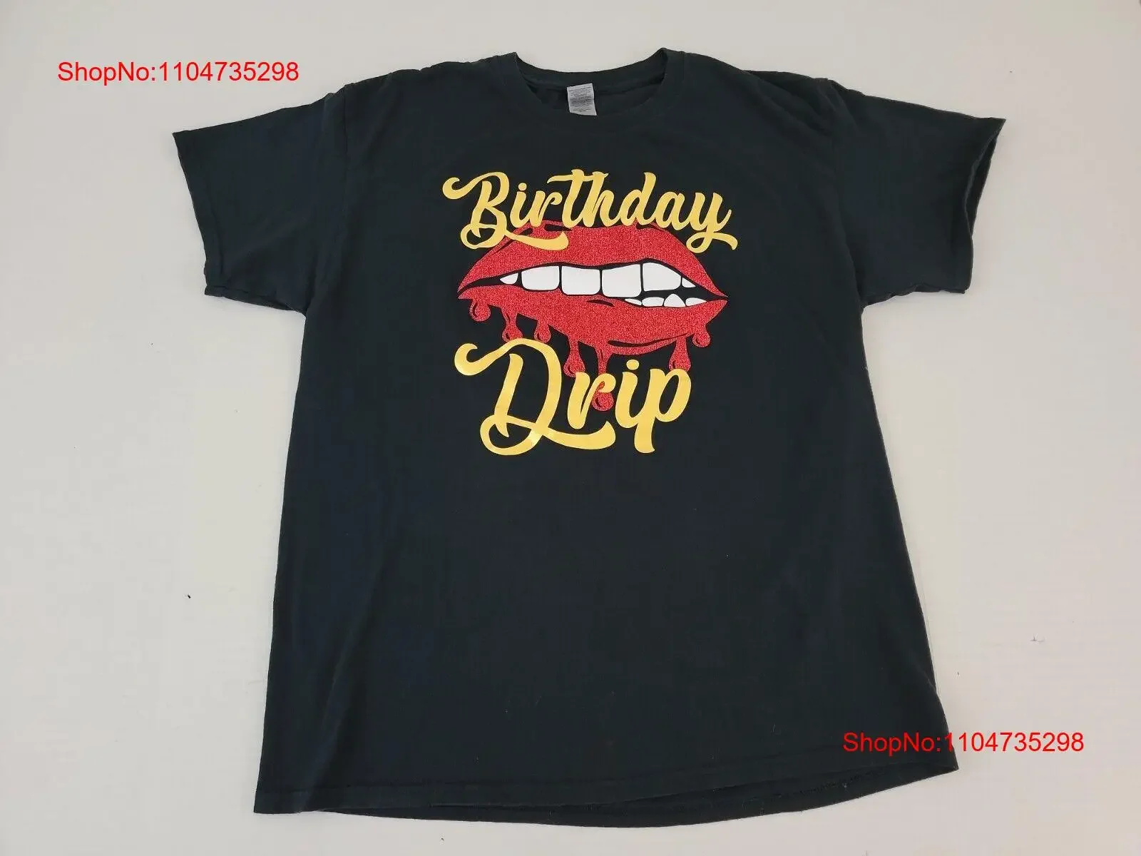 Cumpleaños goteo derretir labios boca negro con brillo rojo camiseta Lg vintage lavado homme suave Unisex elegante Casual gráfico
