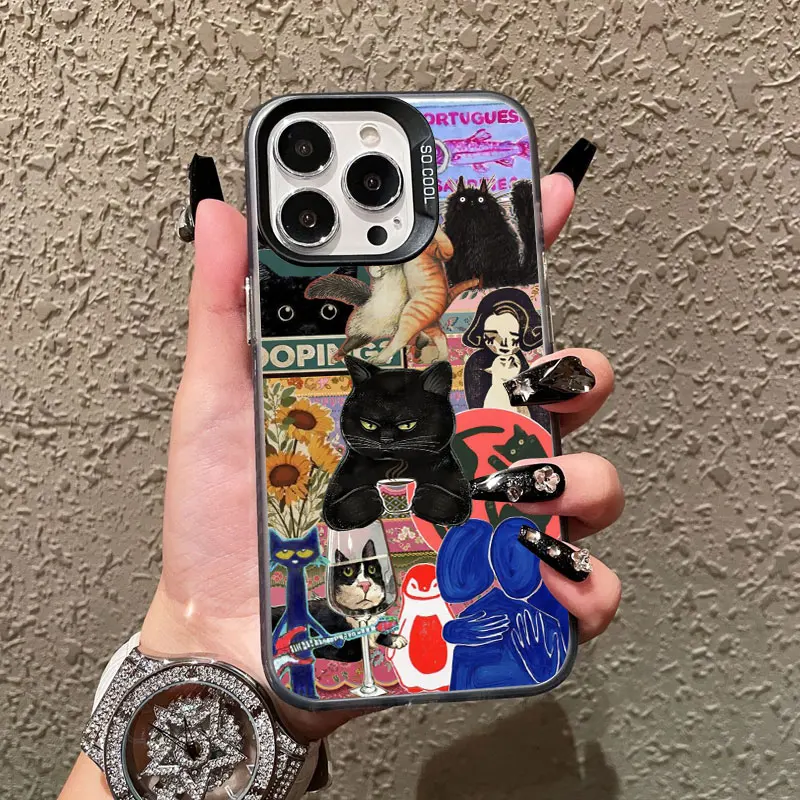 

New Cute Black Cat Graphic Montage Laser Phone Case For iPhone 15 16 Pro Max Plus 14 13 12 Mini 11 Pro Max Shockproof Back Cover