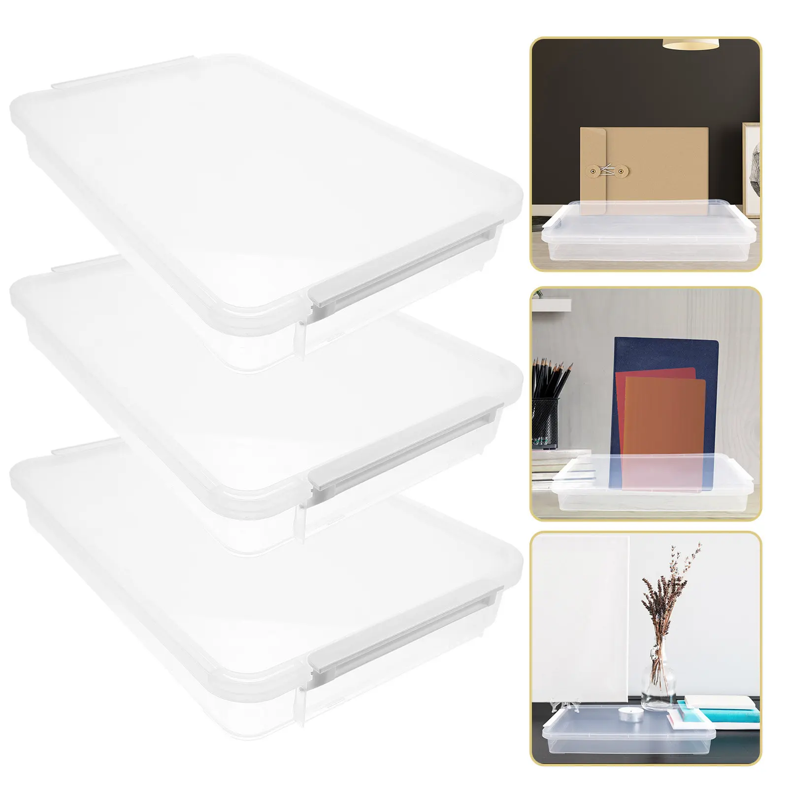 

3Pcs Photo Storage Box Stackable Plastic File Holder Clear Document Organizer Large Capacity Office Filing Container