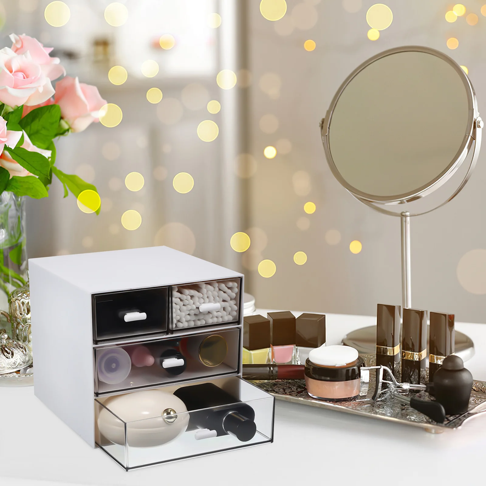 Desktop Organizer Drawers 3 Layers 4 Transparent Containers Elegant Appearance Ample Capacity Stationery Jewelry Storage