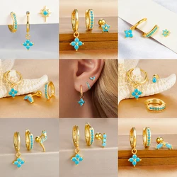 3PCS Flower Pendant Hoop Earrings Set For Women Stainless Steel Blue Cubic Zirconia Huggies Earring Cartilage Piercing Jewelry