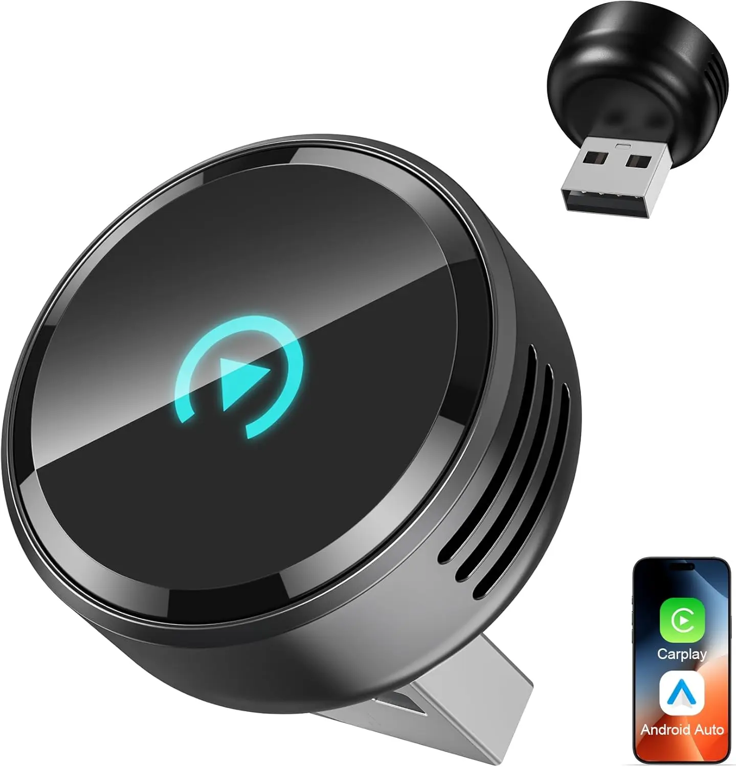 Ultra-Mini Circular Wireless CarPlay & Android Auto Adapter – 3-5s Auto Reconnect, Aluminum Cooling Vent, USB-A & USB-C, Plug & Play