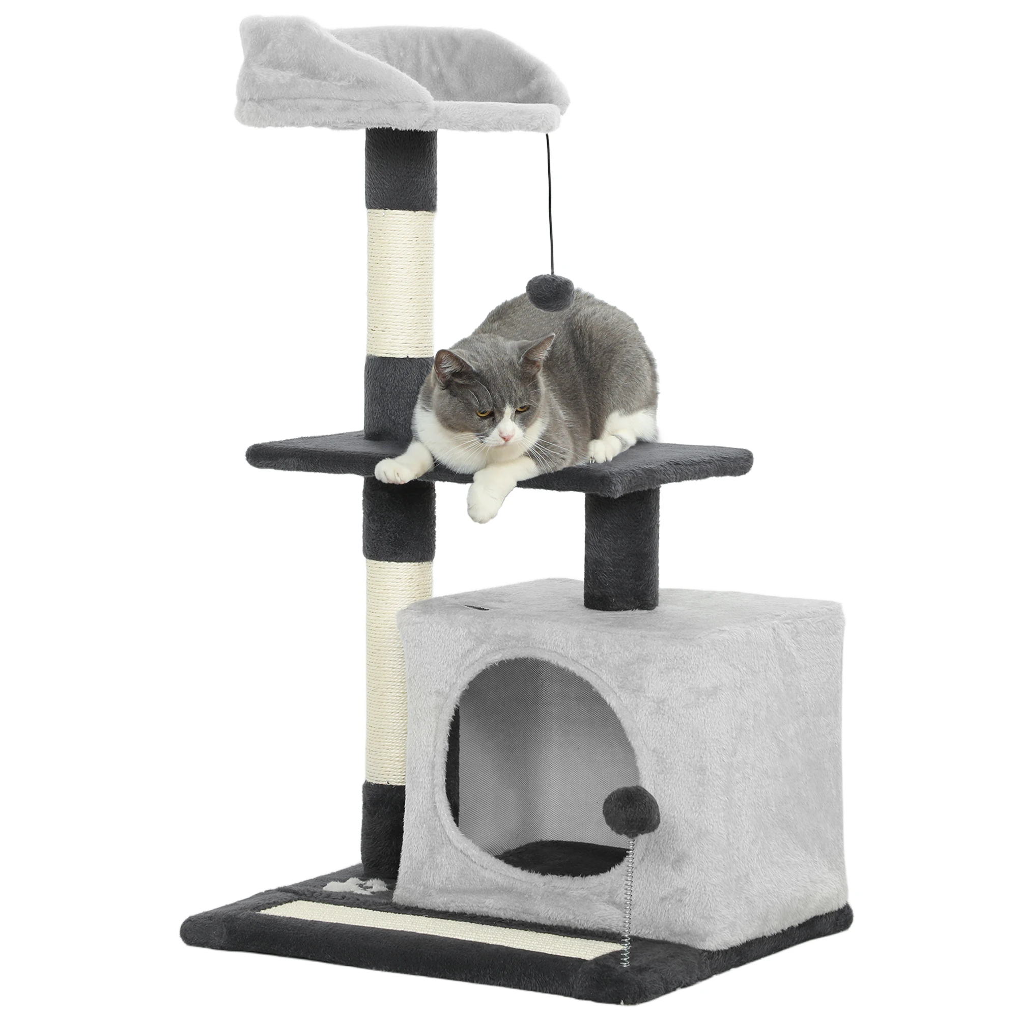 Pawhut Arbre à gratter pour chat, Arbre à chat 85 cm, Tour d'escalade avec plates-formes, Grotte, Poteaux à gratter, Tapis en Sisal, Boules, Gris clair et Noir