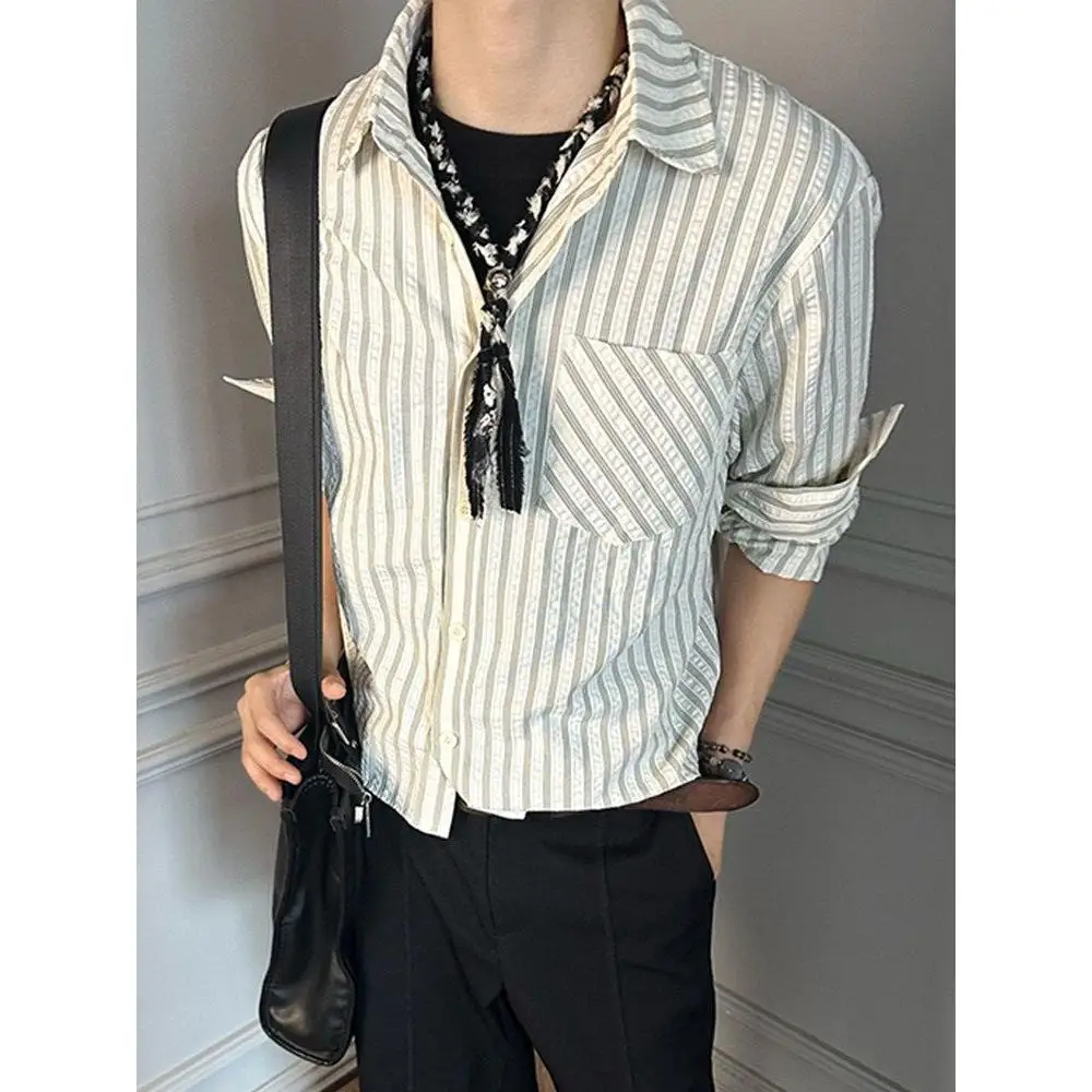 White Striped Bubble Shirt Men's Long Sleeve Shoulder Fit Polyester Fiber Casual Shirt Cleanfit Jacket for Autumn And Winter