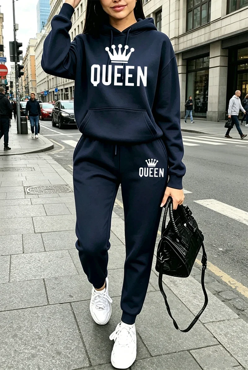 Womens Outfits Queen Print Casual Hooded Sweatshirt Outdoors Sports Jogging Woman Clothing Autumn Winter Hot Sales Hoodie Pants