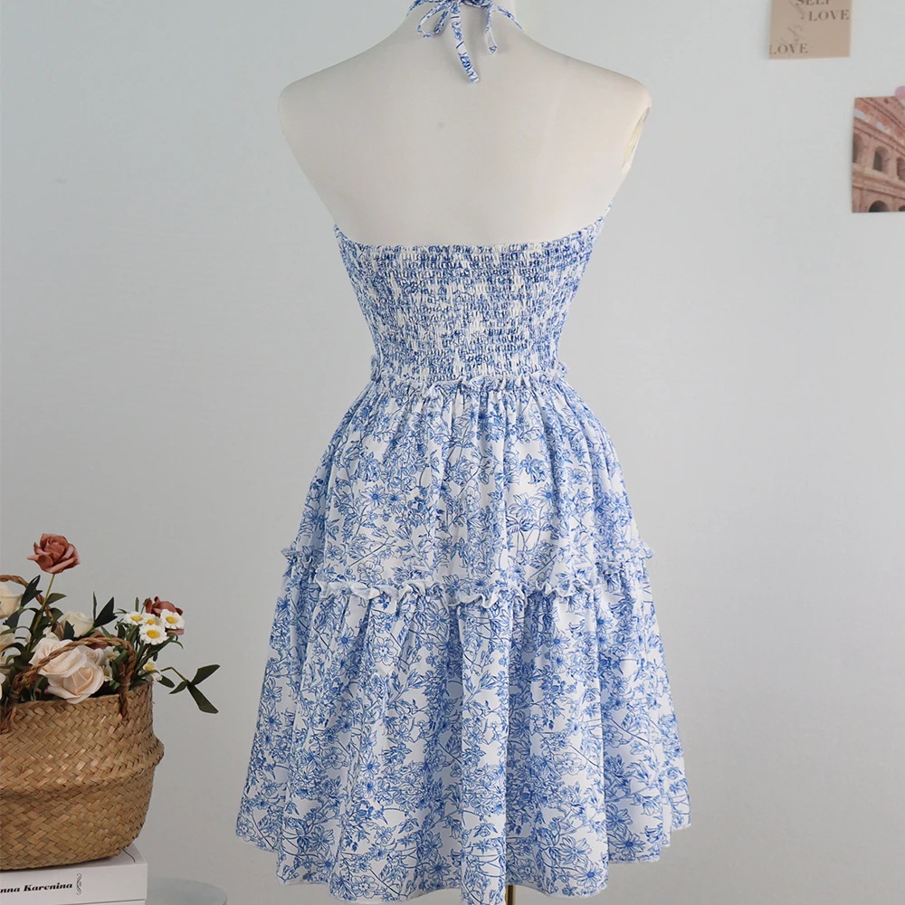 Women Fashion Dress Floral Print Tie-Up Backless Mini Dress Summer Party Dress Casual Tops