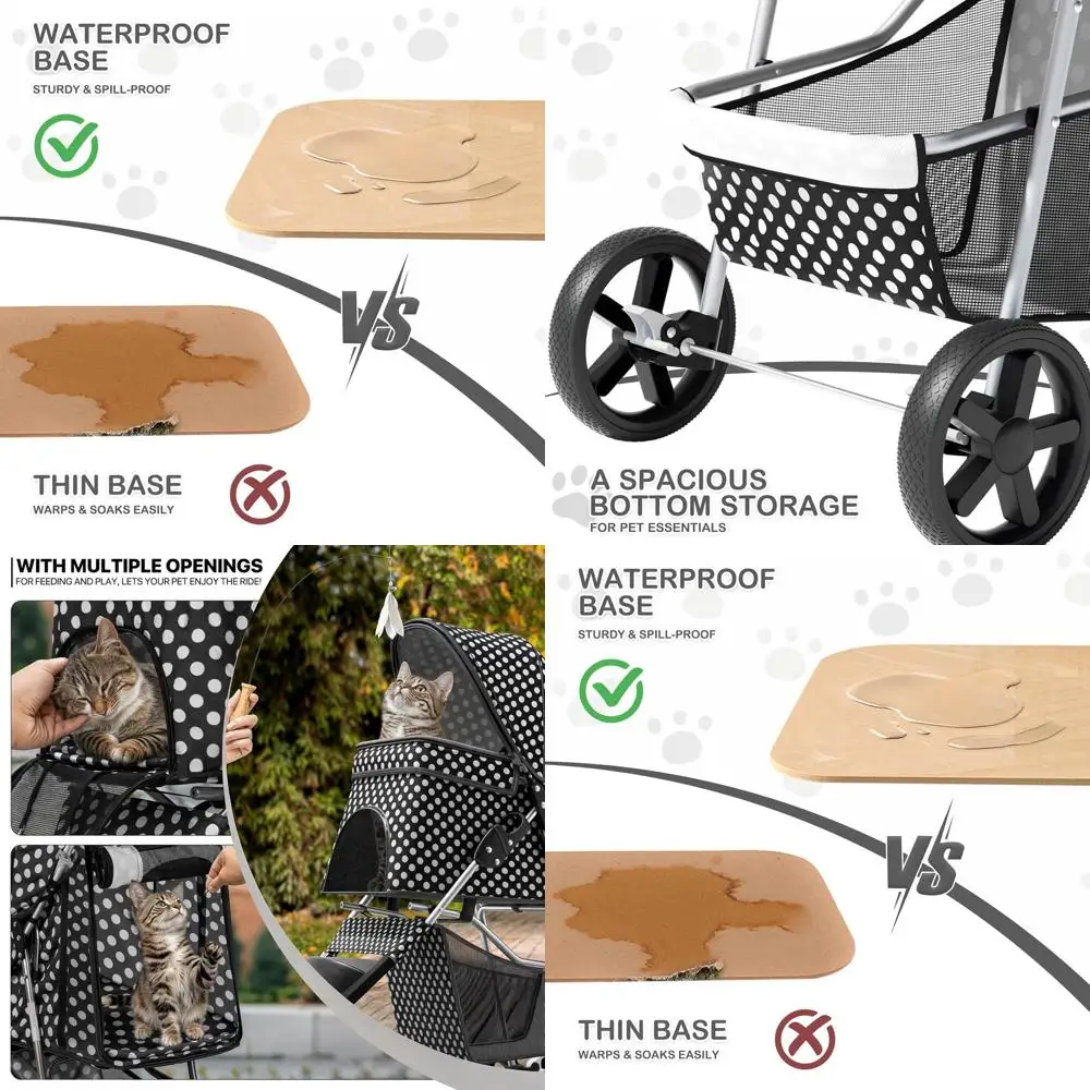 

3-Wheel Pet Stroller for Dogs and Cats with Storage Basket and Cup Holder, Suitable for Small to Medium Pets, Black Polka Dot De