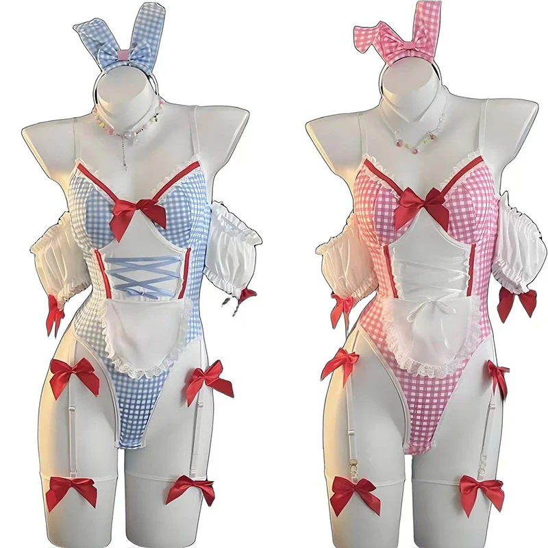 

Anime Sweet Lolita Cute Women's Sexy Maid Bunny Girl Uniform Pink And Blue Plaid Bow Bodysuit Tempatation Outfit Cosplay Costume