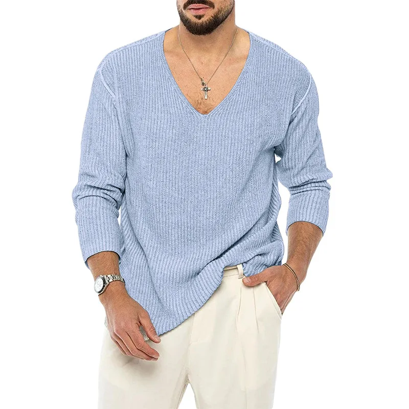 Men's Sweater Autumn And Winter New Solid Color V-Neck Simple Casual Large Size Sweater