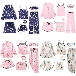 7PC Silk Women Lingerie Camisole Print Shorts Pant Pajamas Blindfold Sleepwear Leisure Home wear  Multiple outfits pijama