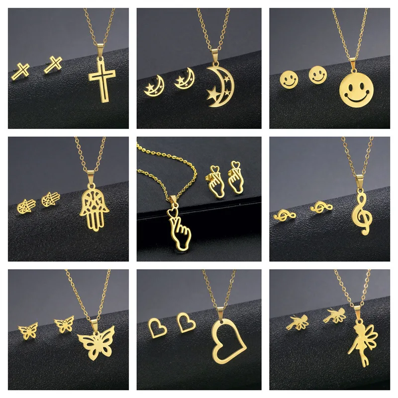 Cartoon Women Charm Elf Angel Earrings Necklace Set Girls Angel Wings Pendant Bear Necklace Female Chain Necklace Jewelry