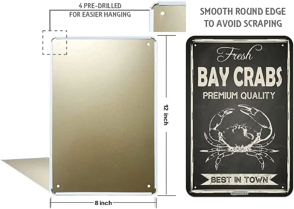 Fresh Bay Crabs Premium Quality Tin 8X12 Inch Vintage Look Decoration Plaque Sign for Home Kitchen Farm Bar Pub Man Cave