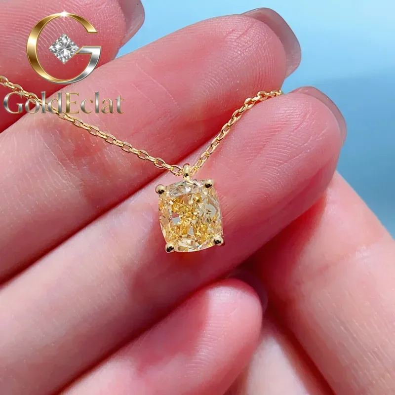 GoldEclat   Luxury 100% Real 18k Gold  Women's Diamond Pendant Necklace Yellow Diamond Moissanite Necklace Smart Clavicle Chain