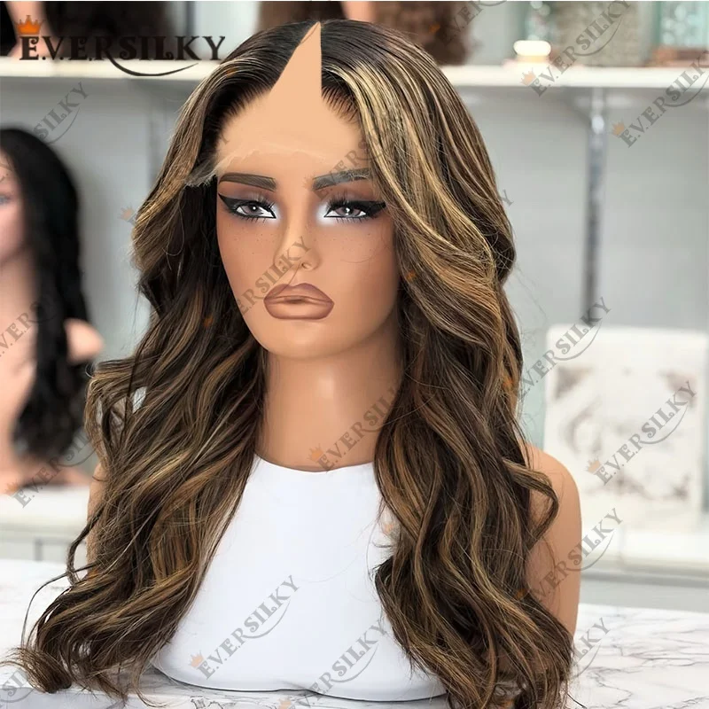 

Highlight 1x4 middle V Part Open wigs 1B/30 Body Wave Ombre 250 High-Density Woman Wigs 100% Human Hair Ladies Long hair wigs