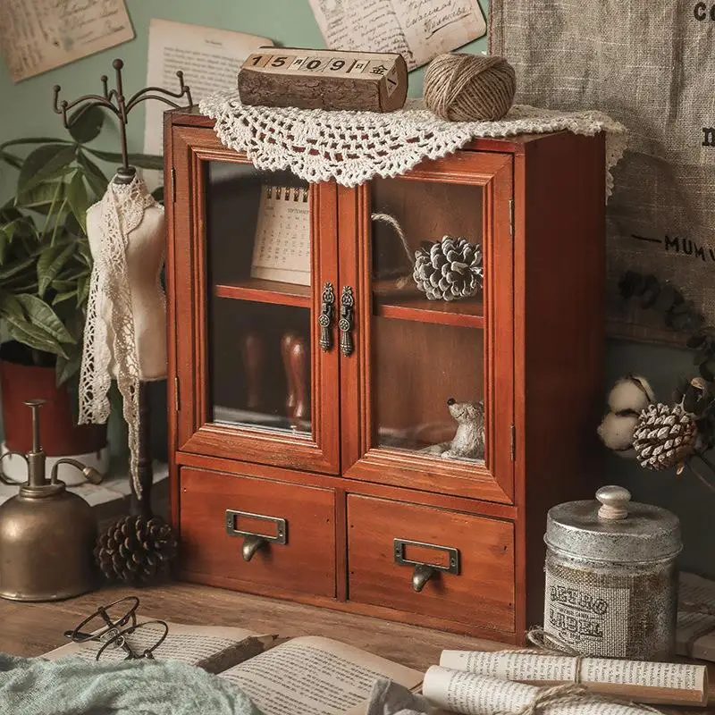 New Large Capacity Wooden Desktop Organizer Box Drawers Style Cosmetic Storage Cabinet Vintage Tabletop Jewelry Storage Rack