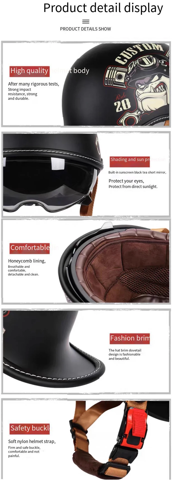 Retro-Helm mit gekröpftem Heck, Motorradhelm für Männer und Frauen, Vier-Jahreszeiten-Prince-Cruise-Helm, Persönlicher Halbhelm zum Fahren. – Detail 5