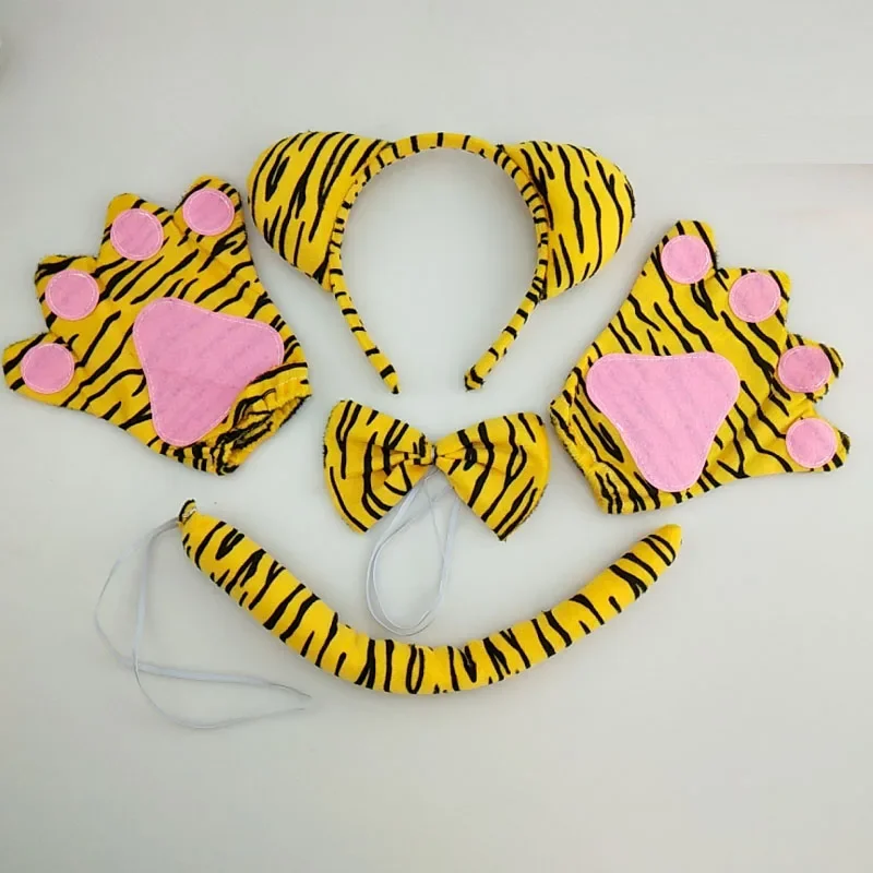 

Adult Kids Party Tiger Headband Bow Tie Tail Paws Gloves Animal Hair Bands Plush Birthday Headwear Halloween Costume Cosplay