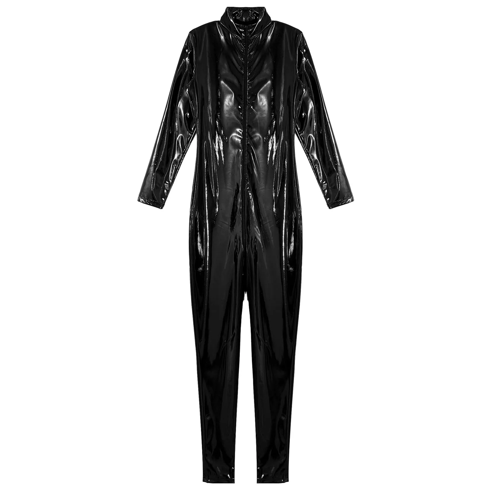 Combinaison de batterie en cuir verni pour hommes, Catsuit à manches longues, Fermeture à glissière complète, Entrejambe, Col montant, ix, Wlwear, Support, Look Punk Show