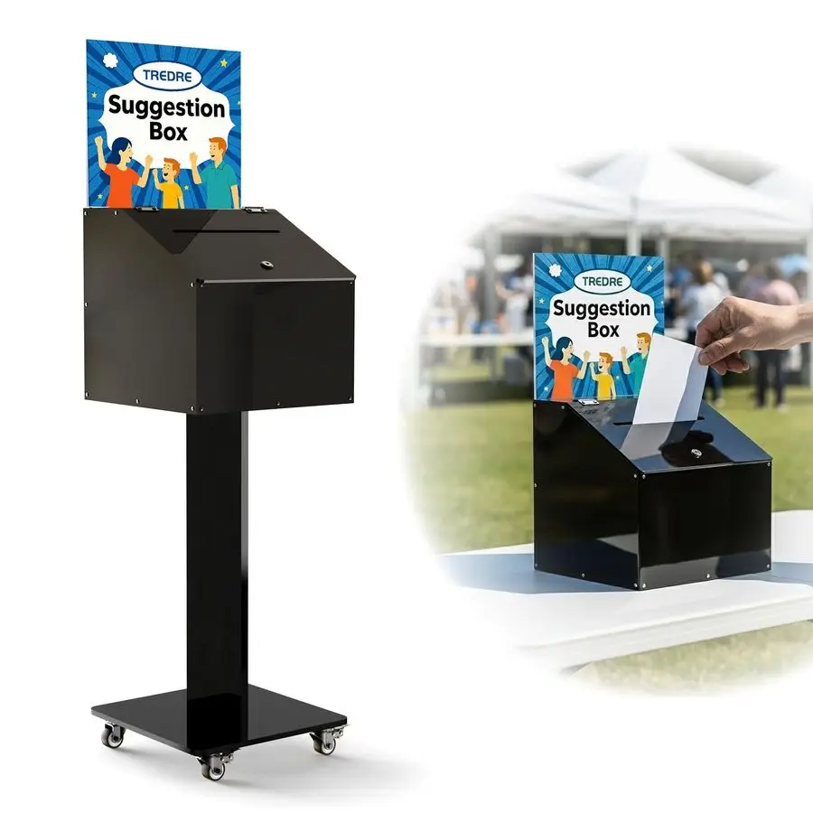 صندوق اقتراحات أكريليك كبير مع قفل 39.6 13.8 13.8، صندوق تبرع قائم على الأرض مع حامل لافتة، صندوق الاقتراع للتصويت، شار