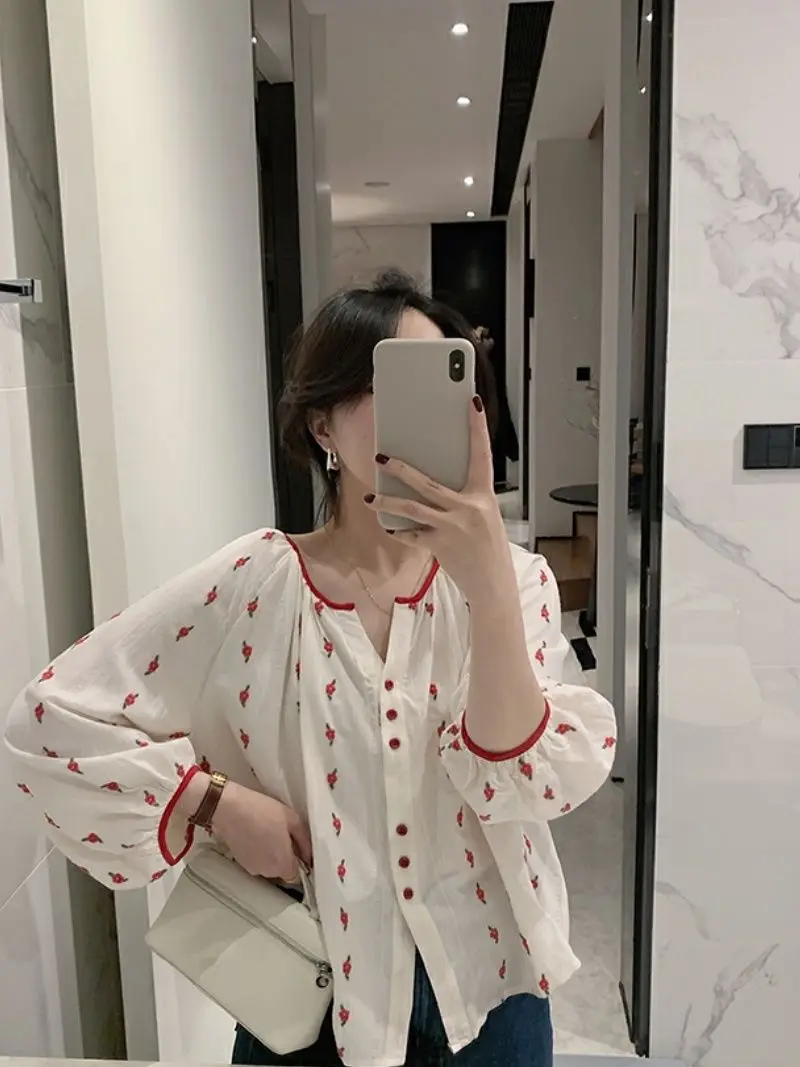 New Long-Sleeved Loose Slimming Look Shirt Printed Cute and Sweet Design Pastoral Style Versatile Shirt