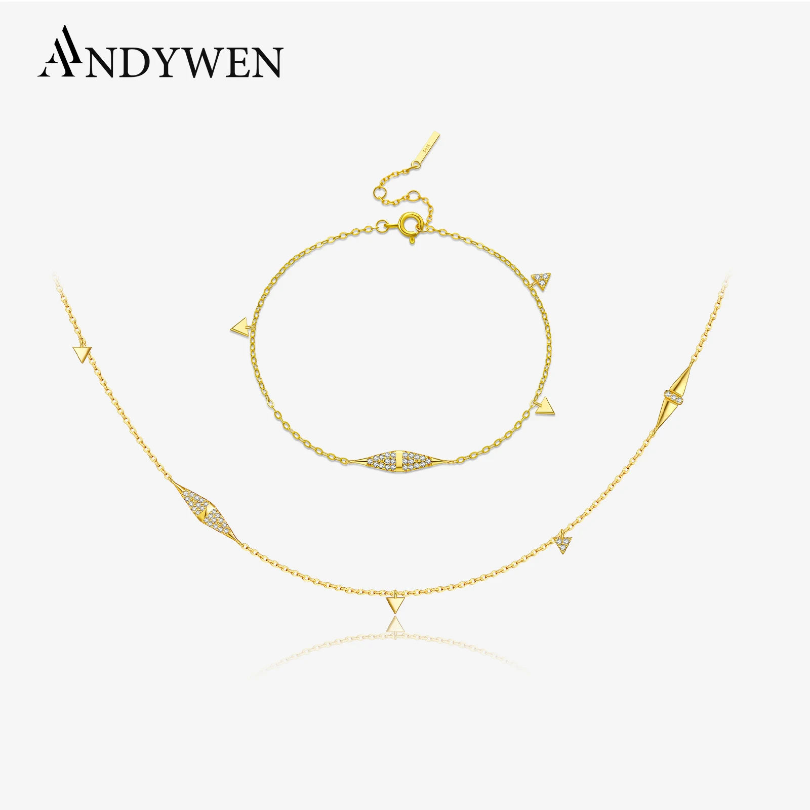 

ANDYWEN 925 Sterling Silver Slim Chain Geometric Triangle & Rhombus Zircon Necklace Bracelet Delicate Matching Jewelry Gift