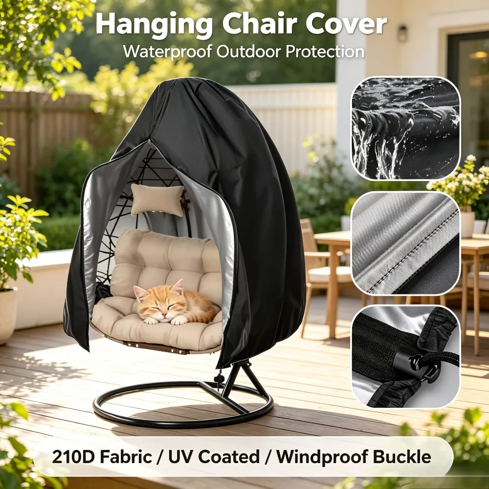 210D Waterproof Hanging Egg Chair Cover Windproof Outdoor Swing Seat Slipcover Durable Dustproof Protector for Patio Garden