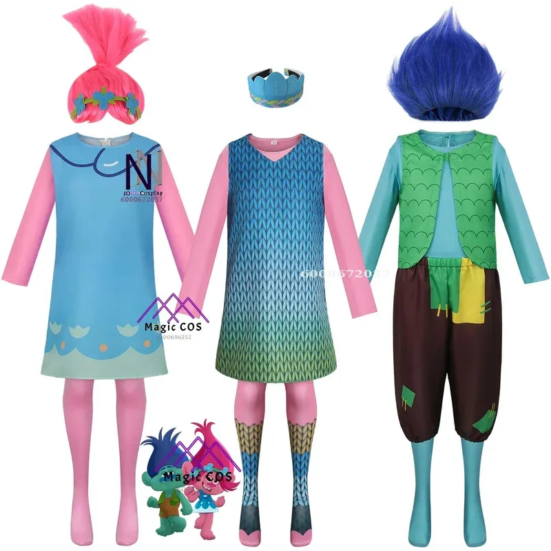 

Anime Cosplay Costume Boys Trollls Branch Party Essential Girls Poppy Dress Wig Suit for Kids Adult Halloween Carniva Outfits