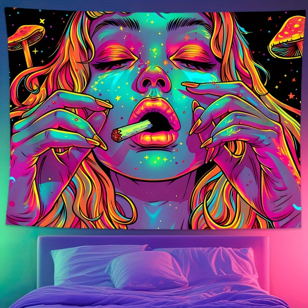VIKAMA Neon Psychedelic Wall Tapestry, Cosmic Woman & Mushroom Art, Boho Home Decor for Living Room & Bedroom