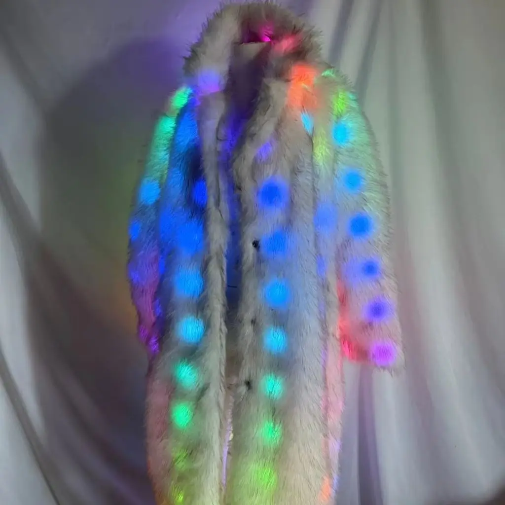 Long LED Fur Coat Women, Multicolor Light Up Shaggy Faux Fur Jacket, RGB Glow Festival Outerwear with Remote Control