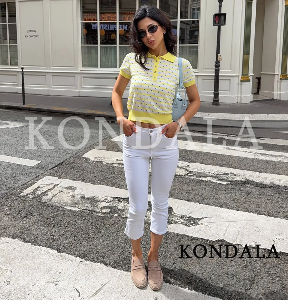 Women Summer Chic Polka Dot Slim Polo Shirt KONDALA 2026 Trendy Holiday hort Sleeve Knitted Tops Contrasting Color Striped Tops