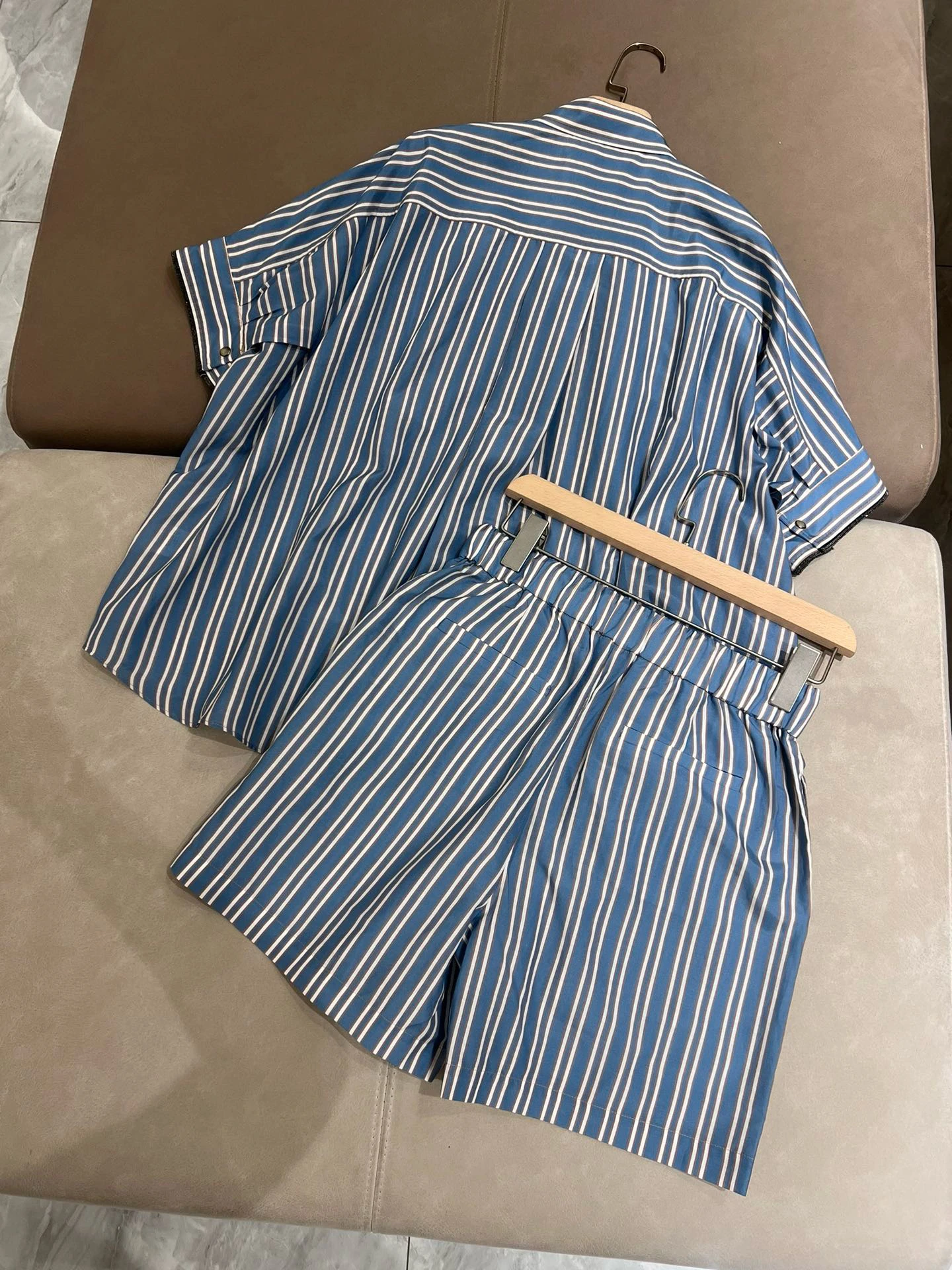 Autumn Women\'s Shorts Suit Silk Cotton Striped Loose Oversized Shirt + Elastic Waist Drawstring Shorts 2-Piece Set