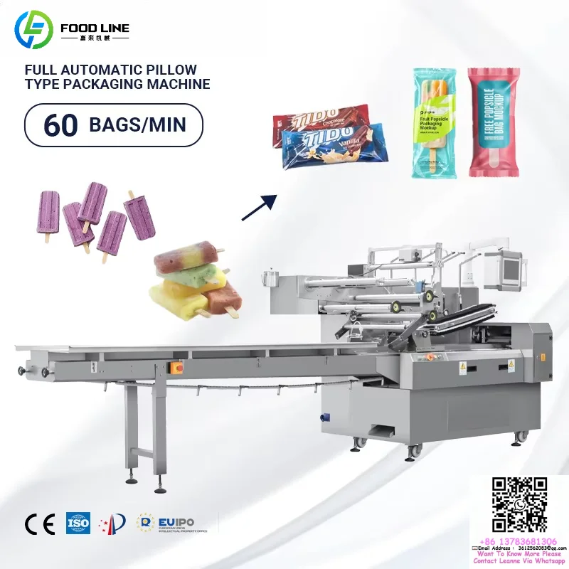 Customized  Automatic Feeder 4 Side Seal Popsicle Packaging Machine Auto Horizontal Ice Lolly Film Wrapping Packing Machine
