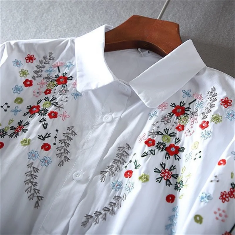 Women Cotton Blouses Embroidery Shirt Loose White Shirts New Casual Office Lady Blouse 3/4Sleeve Female Top Cardigan Shirt ﻿