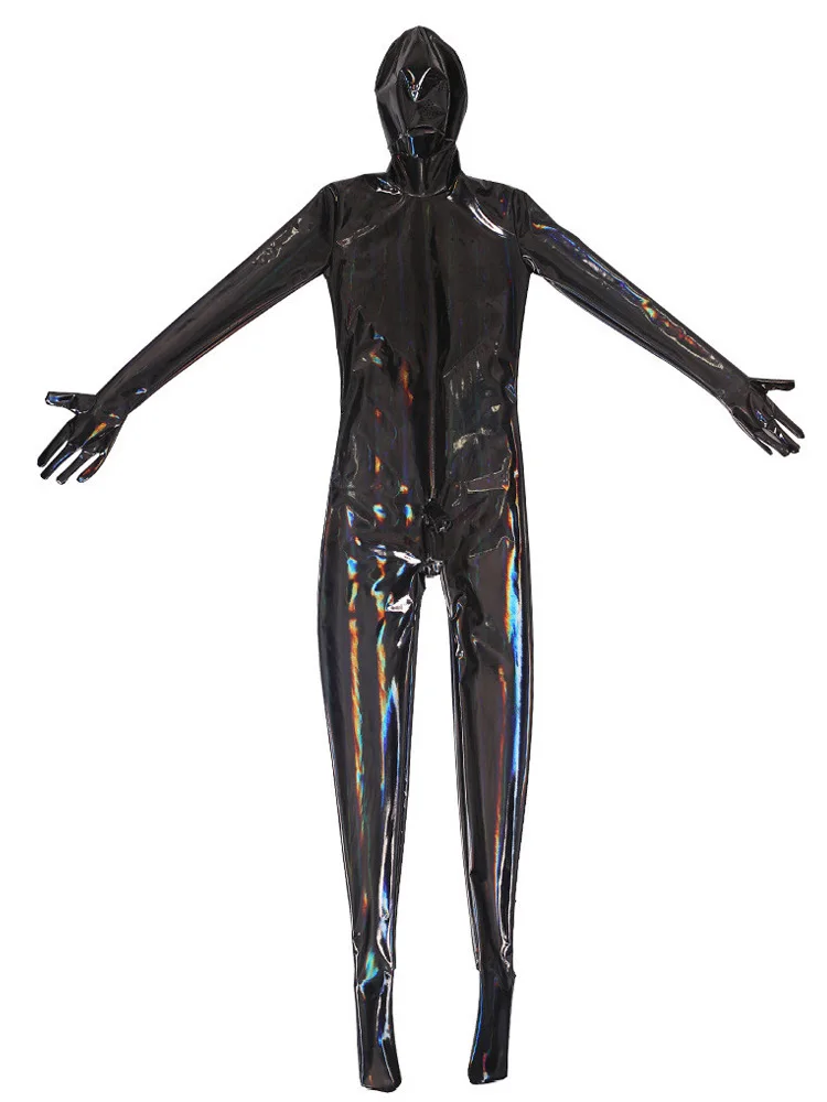 Sexy Oil Shiny Full Bodysuit Latex Elasitc Sexy Tight Zipper Open Crotch Cosplay Leotard U Convex Pouch Jumpsuit Plus Size