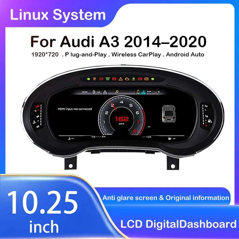 10.25“ LCD Digital Dashboard for Audi A3 2014-2017 with Speedometer, Anti-Glare, 1920×720 HD Screen, Plug-and-Play  Android Auto
