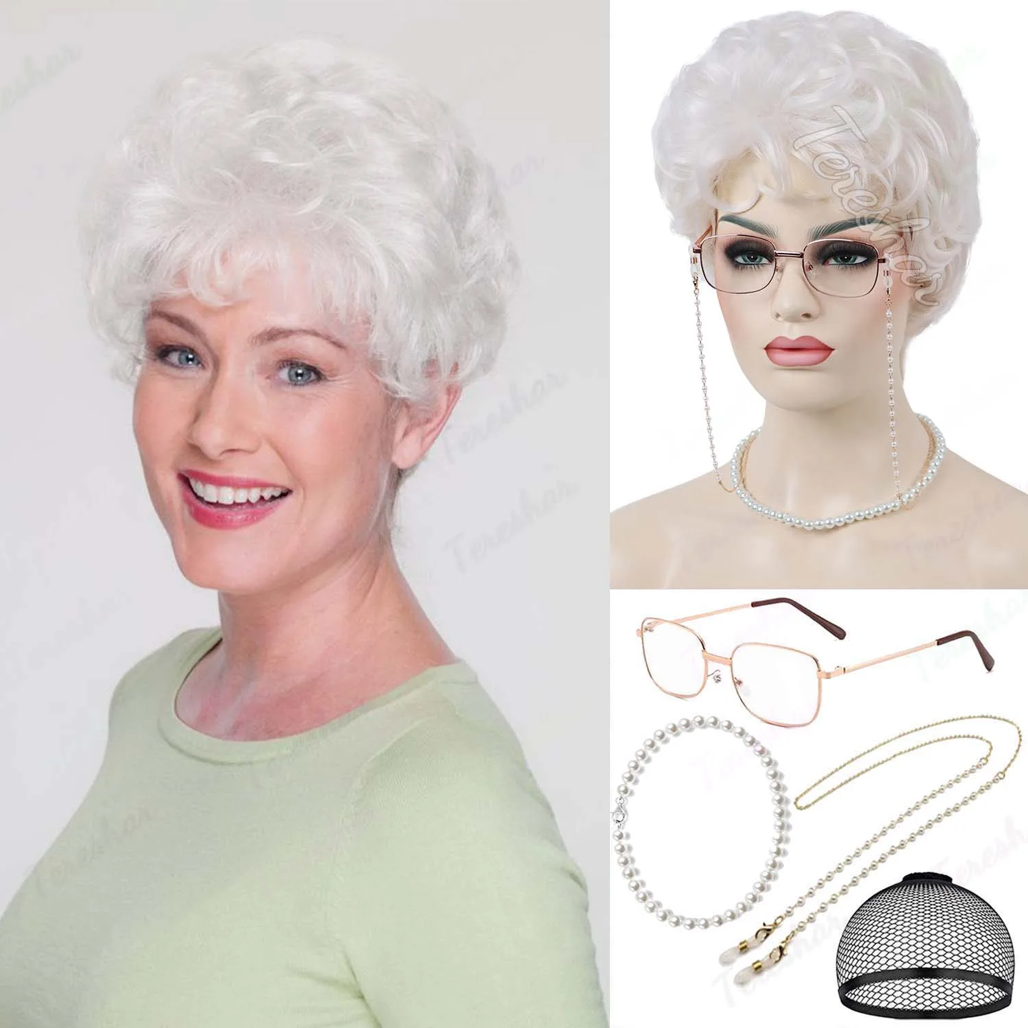 Synthetic Short Curly White Wigs for Women Grandma Wigs for 100th Days of School Cosplay Costume Halloween Party Granny Wigs