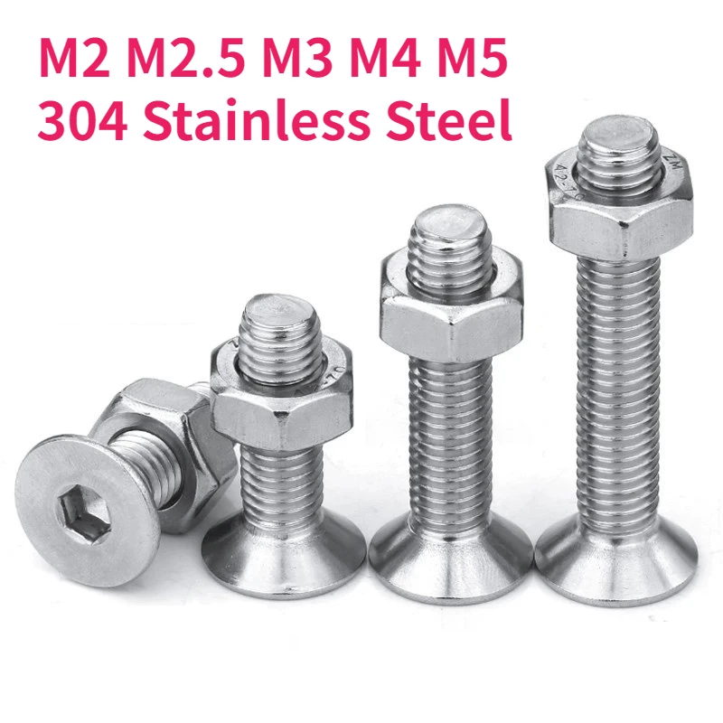 

M2 M2.5 M3 M4 M5 304 Stainless Steel Countersunk Head Hex Socket Screw Hexagon Nuts Flat Head Allen Bolt Combination Kit Set