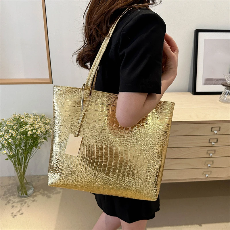 Fashion Casual Women Shoulder Bags Silver Gold Black Crocodile Handbag PU Leather Female Big Capcity Tote Bag Ladies Hand Bags