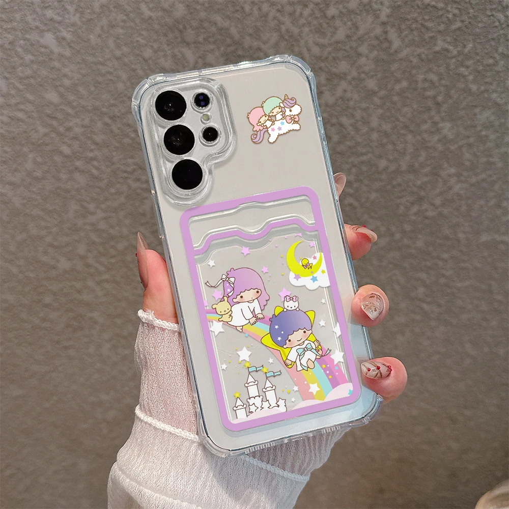 Cute little twin star Card Hold Phone Case For Samsung S24 S23 S22 S21 S20 FE Plus Ultra M33 M53 M54 5G Anti-fall Clear Cover