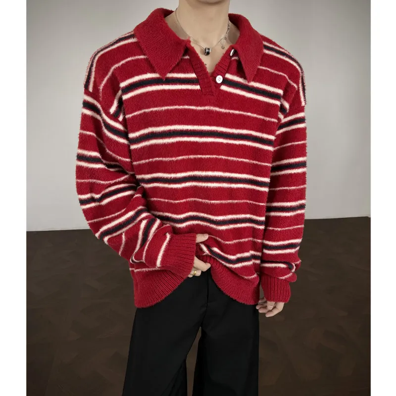 

Красный полосатый вязаный свитер мужской зимний в стиле кэжуал с имитацией меха, американский воротник, верхняя одежда