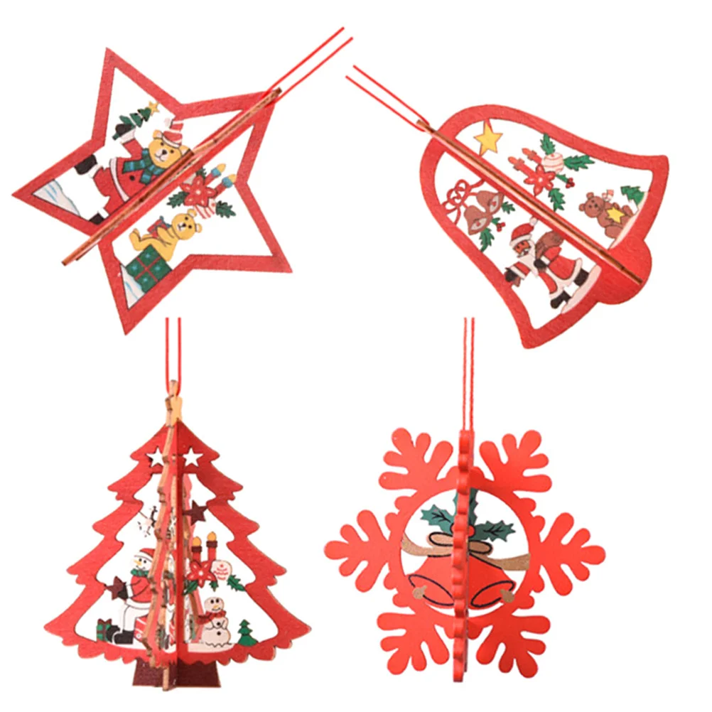 

4Pcs Laser Cut Wood Ornaments Cute Christmas Tree Hanging Decor for Holiday Party Warm Atmosphere Xmas Pendants Festive