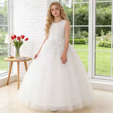 Fashion Beading Bridesmaid Girls Dress Flower Wedding Evening Princess Birthday Party Dress Graduation Gala Baptism Kids Clothes