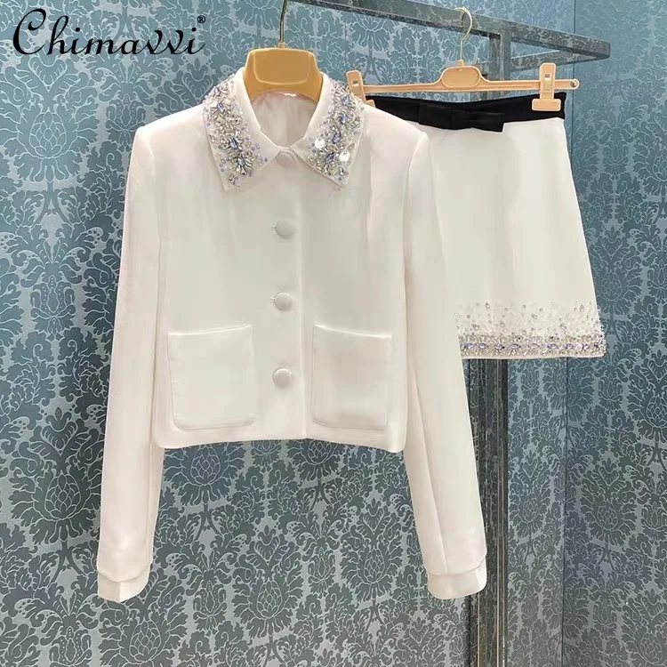 Elegant Commuter White Skirt Suits Sets Handmade Beaded Diamond Blazer Top High Waist A-line Short Skirt Two-piece Set Women