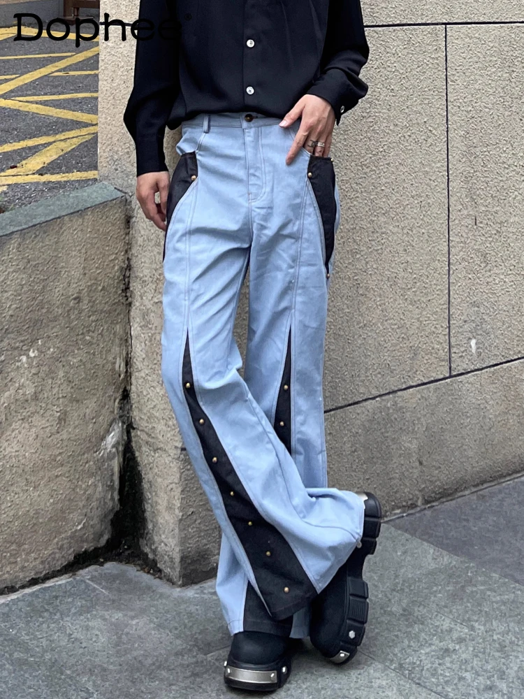 

Male 2025 American Style High Street Splicing Contrast Color Rivet Design Trendy Jeans Loose Versatile Micro Flared Denim Pants
