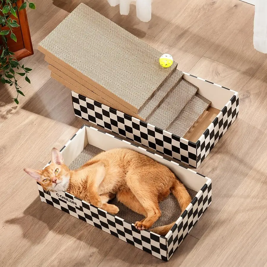 

Cat Scratcher Box with 4 Scratching Pads&2 Separate Cardboard Boxes,2-in-1 Cardboard Cat Scratch for Multiple Kitten Interactive