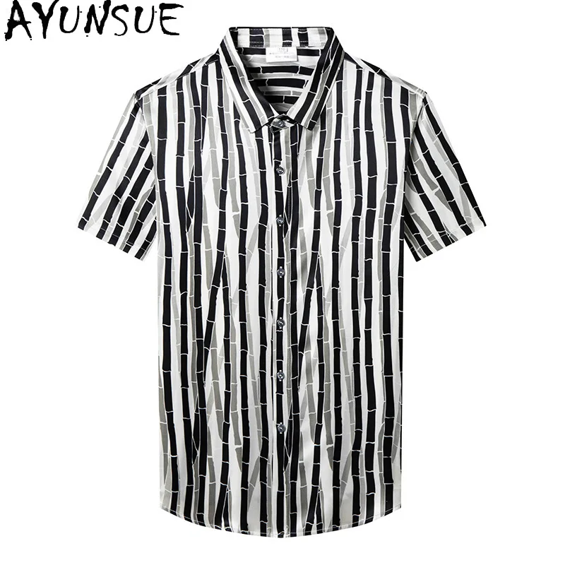 

AYUNSUE High-end Man Short Sleeve Shirt 92.5% Mulberry Silk Shirts for Men Summer Business Casual Printed Shirt camisa masculina