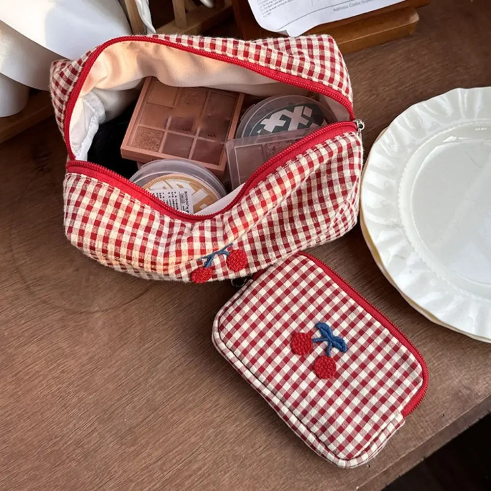 Fashion Cotton Plaid Makeup Bag Cloth Purse Toiletry Organizer Bag Card Bag Multifunctional Cherry Cosmetic Bag Travel